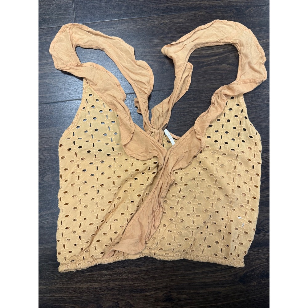 Free People Eyelet Ruffle Halter Crop Top - Mustard Yellow / Tan (Size XS)